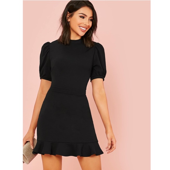 Puff Sleeve Ruffle Detail Black Mini Dress - Picture 4 of 9